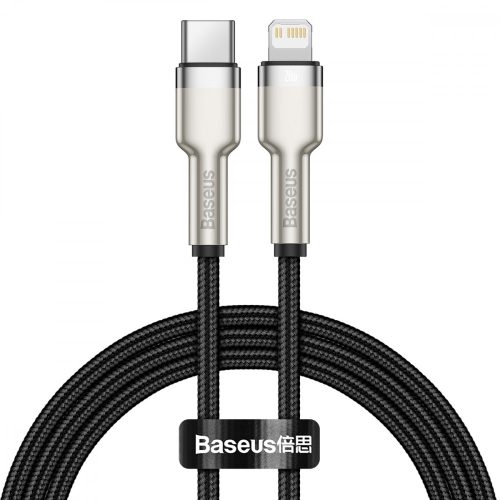 Cablu Baseus premium Type-C - la Lightning (Apple) - Cap metalic, 25 cm, încărcare 20W, capac kevlar - negru