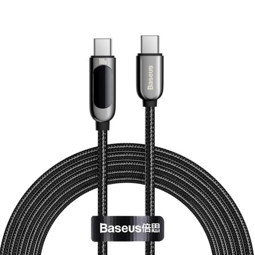 Cablu Baseus Type-C la Type-C - 1 metri lungime, putere de încărcare 100 W, afișaj de încărcare LED, capac din pânză perlat - negru
