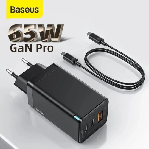 Încărcător rapid GaN pentru laptop și telefon Baseus - 65W, suport USB pentru protocoale de încărcare 2xPD3.0 + QC3.0