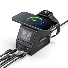   BlitzWolf® BW-FW10 - Încărcător rapid de birou și ceas deșteptător de 240W, 6x încărcare USB (Tip C și USB-A) + Încărcare wireless