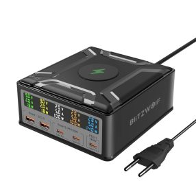   BlitzWolf® BW-S28 260W desktop 5x USB PD+QC3.0 încărcător rapid pentru desktop, 3x Type-C + 2x USB-A + port de încărcare fără fir Qi