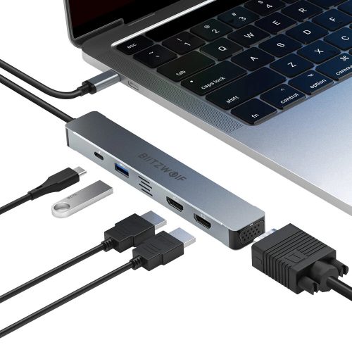 BlitzWolf BW-NEW-TH11 Hub USB 5 în 1: 2x porturi HDMI, transfer de putere: 87W, 1x USB-A 3.0, 1x port VGA