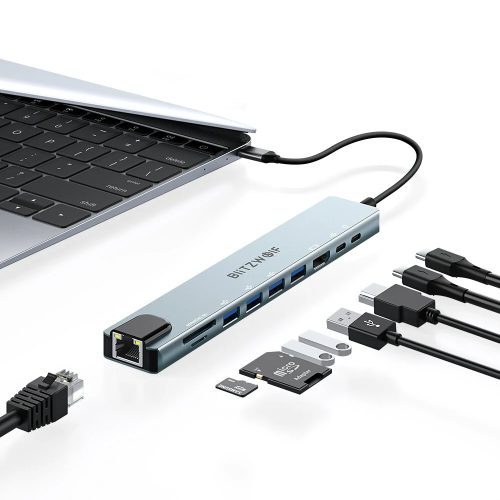 BlitzWolf BW-NEW-TH5 Hub USB 10 în 1: 1x port HDMI, 4x USB-A 3.0, 1x RJ45, transmisie de putere: 100 W, cititor de carduri SD