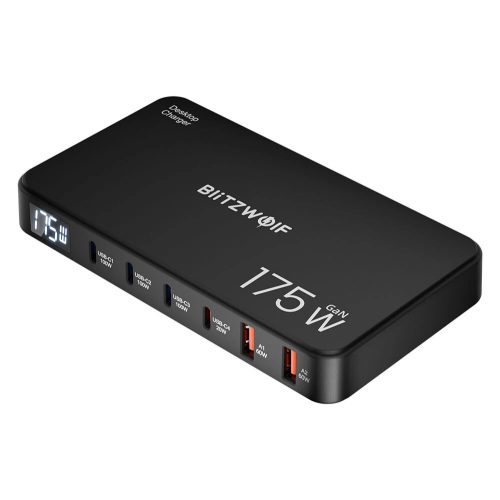 Blitzwolf® BW-S30 – stacja ładująca USB o mocy 175 W, biurkowa, z wyświetlaczem cyfrowym - 4x USB Type-C + 2x USB-A)