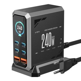  Stație de încărcare rapidă Blitzwolf® BW-S31, 240 W, cu 6 porturi (4xUSB-C+2xUSB-A), PD, pentru birou, cu afișaj digital