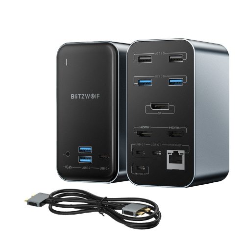 Blitzwolf BW-TH14 USB Hub stație de andocare 15 într-un singur: triplu 4K HDMI, USB 3.0 viteză 5Gbps, 3.5 Jack, port LAN - Port de afișare
