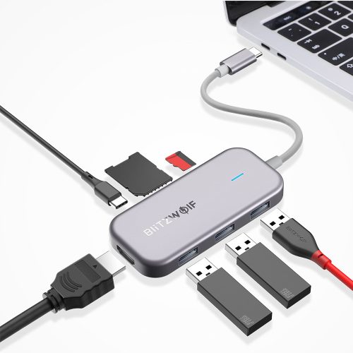 BlitzWolf® BW-TH5 Hub de date USB-C 7 în 1 cu cititor de carduri USB TF cu 3 porturi, HDMI, încărcare USB-C PD