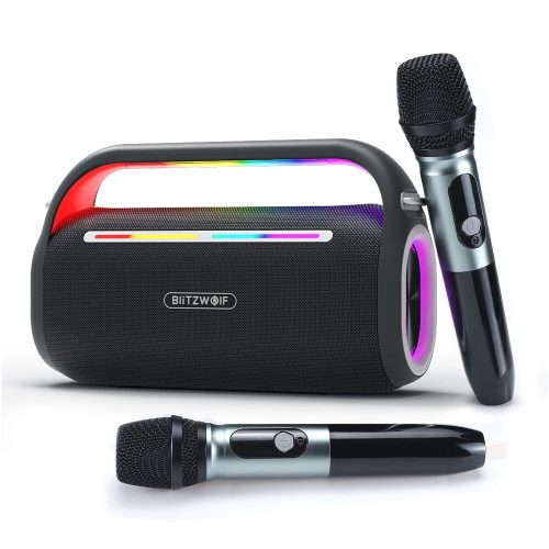 BlitzWolf® BW-WA7 - Set karaoke cu 2 microfoane - Difuzor Bluetooth de 120 W, schimbător de voce, 15 ore de utilizare, lumini LED