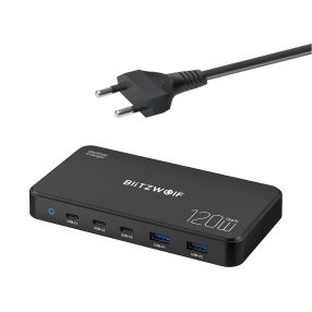   Încărcător rapid USB de birou Blitzwolf® BW-i100 GaN 120 W, 5 porturi USB (3x încărcător rapid PD3.0 de 100 W + 2 porturi USB-A de 18 W)