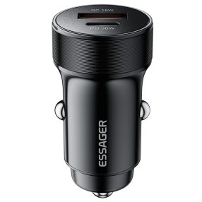   ESSAGER® ES-CC24 PD 30W - încărcător auto din aluminiu. 1x port USB-A + 1x port USB Type-C de încărcare rapidă, cip inteligent - negru