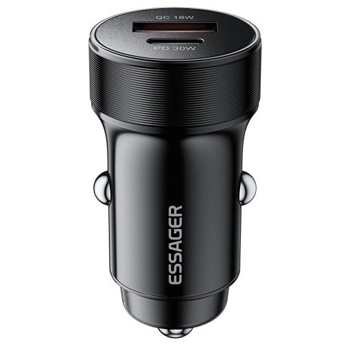 ESSAGER® ES-CC24 PD 30W - încărcător auto din aluminiu. 1x port USB-A + 1x port USB Type-C de încărcare rapidă, cip inteligent - negru