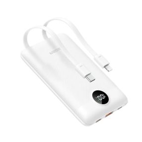  Powerbank Veger C11 - 10000mAh - cabluri încorporate, indicator LED de încărcare, ieșire de încărcare rapidă 3x (22,5 Watt) - alb